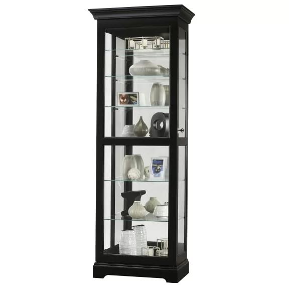 Black Satin Traditional Lighted Curio Cabinet with Glass Shelves