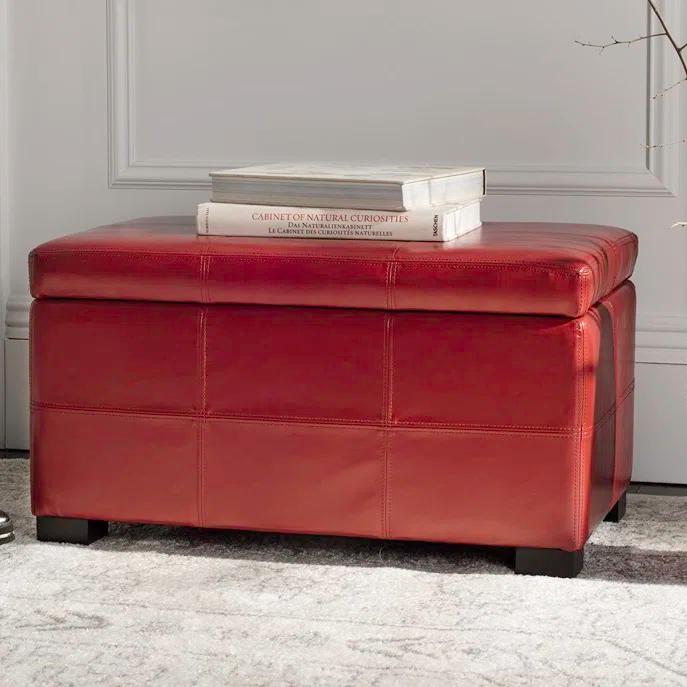 Transitional Red Faux Leather Tufted Storage Ottoman