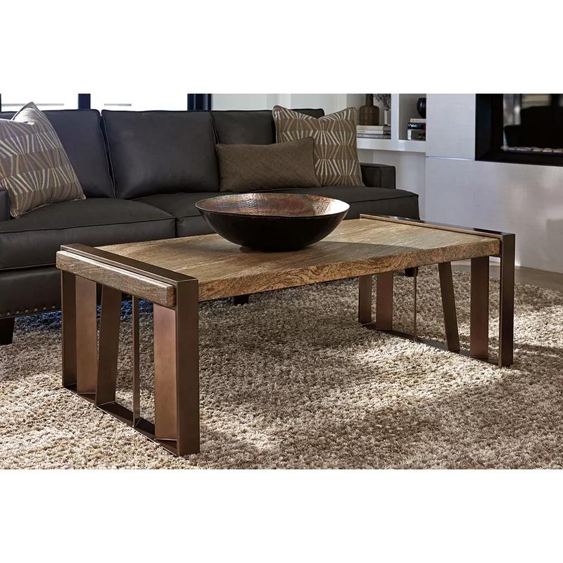Zavala 54'' Brown Wood and Metal Coffee Table with Marble Top