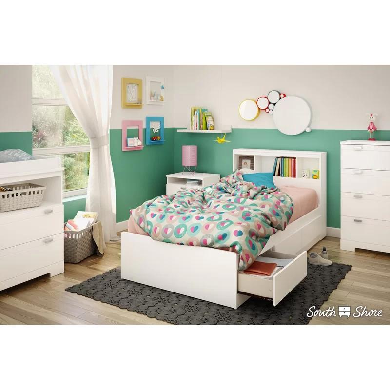 White Twin Platform Bed with Storage and Bookcase Headboard