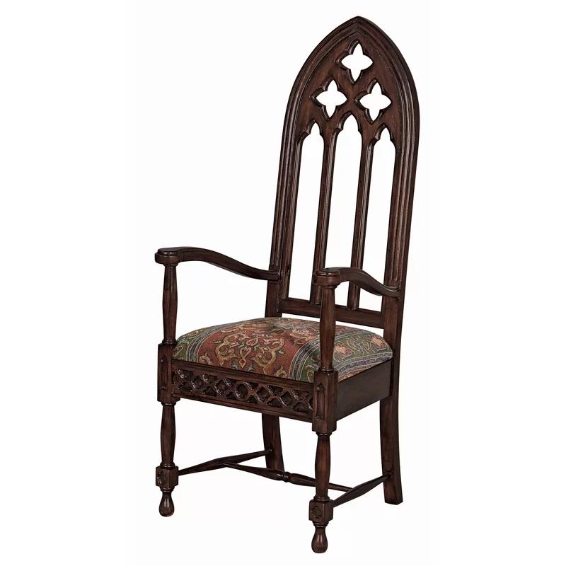 Viollet-le-Duc Gothic Mahogany Brown Armchair with Jacquard Upholstery