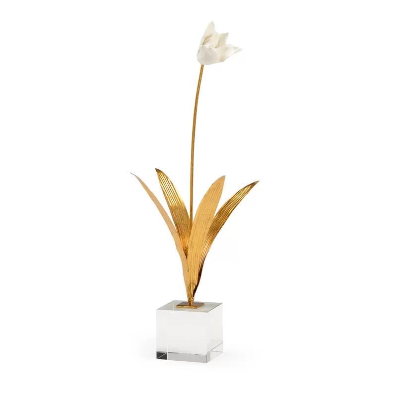 Matte White Tulip Blossom on Antique Gold Leaf Stand