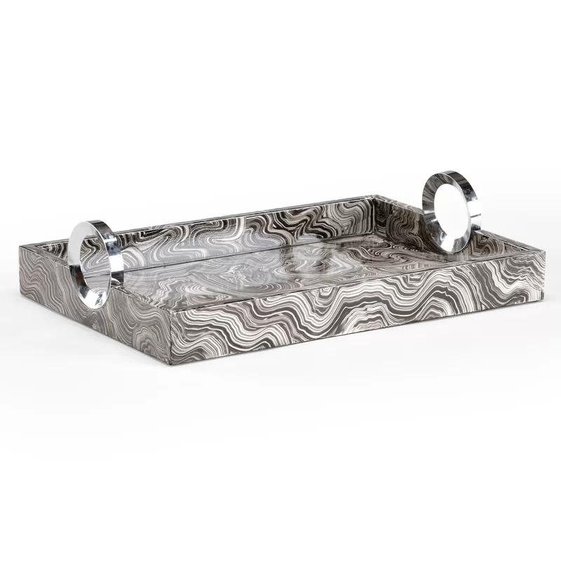 Modern Gray Marblized Handled Wood Tray with Polished Nickel Handles