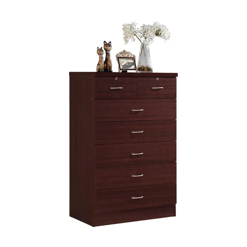 Mahogany Vertical 7-Drawer Dresser Chest with Dual Locks