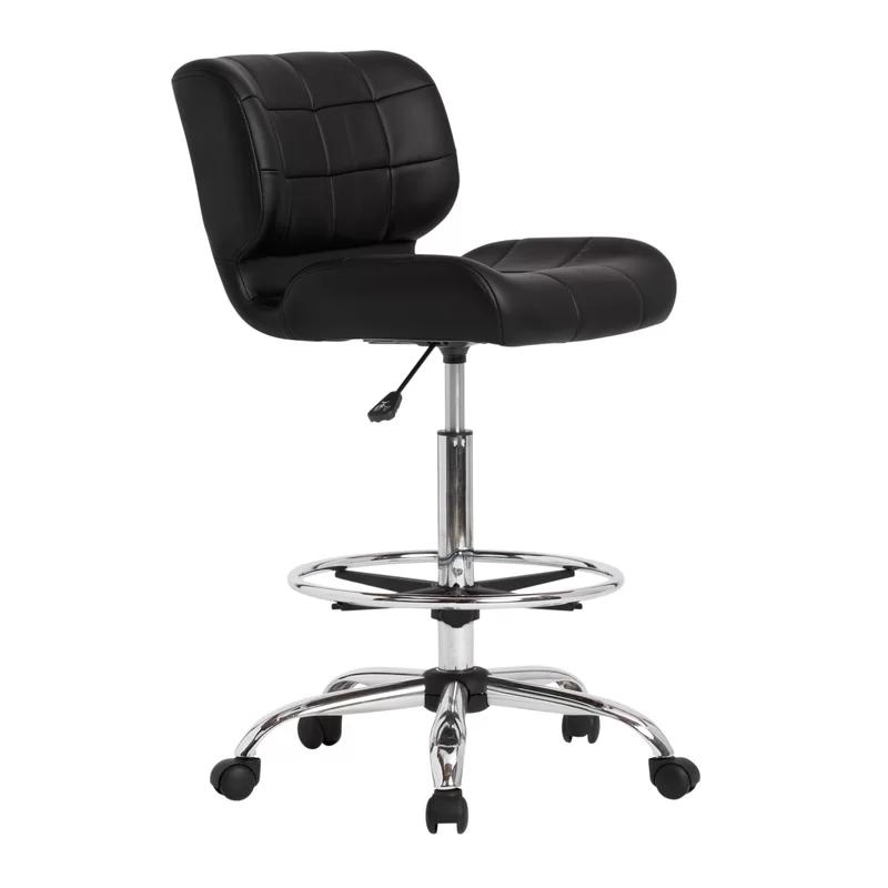 Modern Black Vinyl and Chrome Drafting Swivel Chair with Footrest