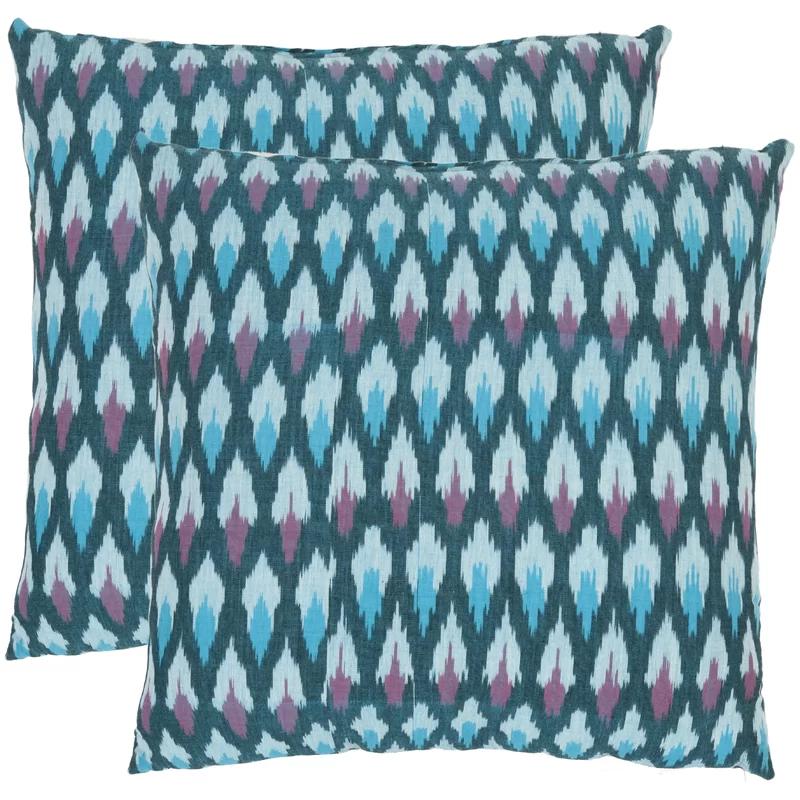 18" Blue Ikat Embroidered Cotton Throw Pillow Set