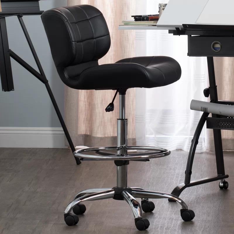 Modern Black Vinyl and Chrome Drafting Swivel Chair with Footrest