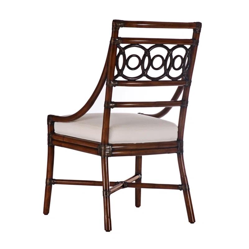 Ebonized Black Rattan Ladderback Side Chair with Linen Upholstery