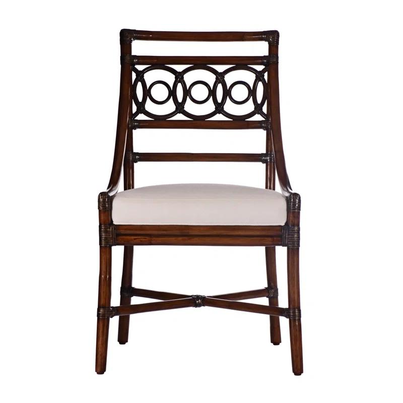 Ebonized Black Rattan Ladderback Side Chair with Linen Upholstery