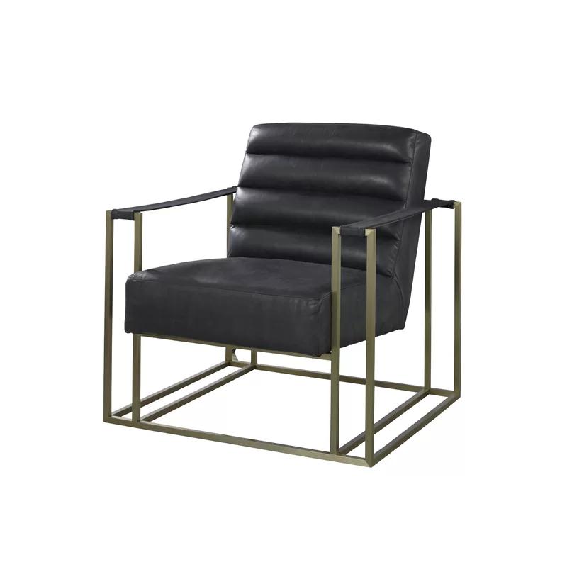 Contemporary Black Glove Leather Metal Frame Accent Chair