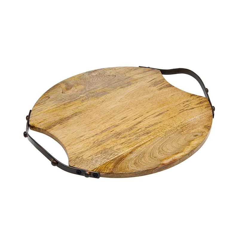 Rustic Acacia Wood & Metal Handled Round Tray, 13"