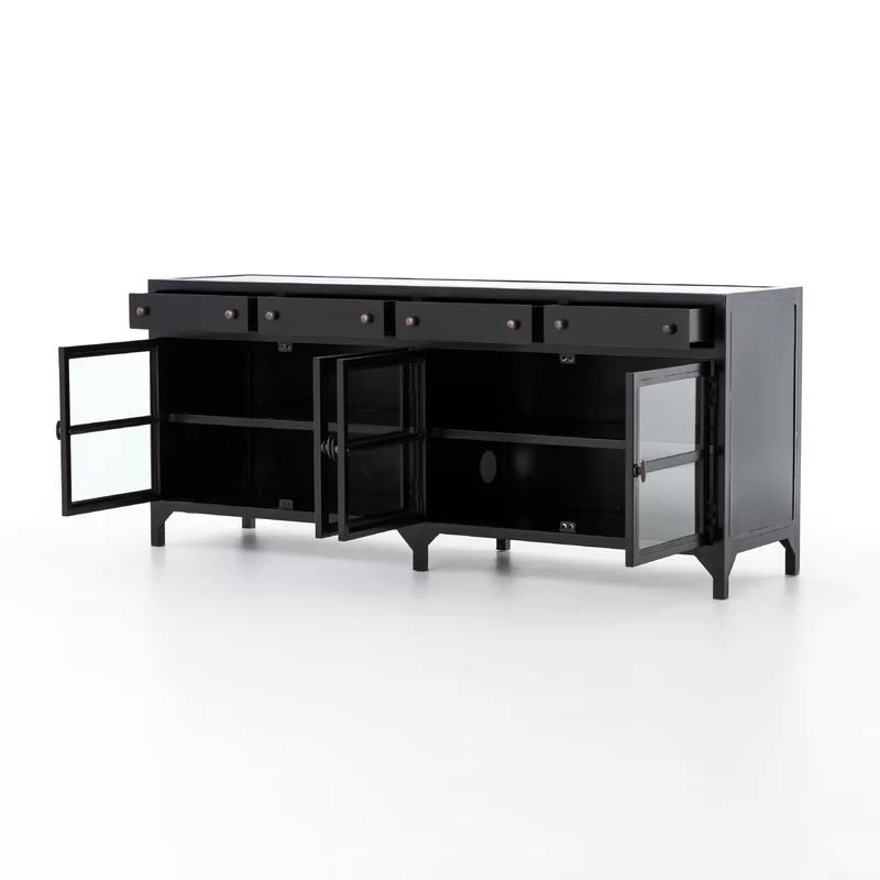 Malcom Shadow Box Design Black Iron Media Console with Glass Doors