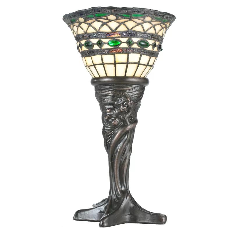 Emerald Jewel Accents Stained Glass & Mahogany Bronze Mini Lamp
