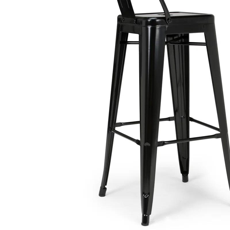 Simpli Home Rayne Metal Industrial Stool with Curved Back, Cross-Brace, and Footrest