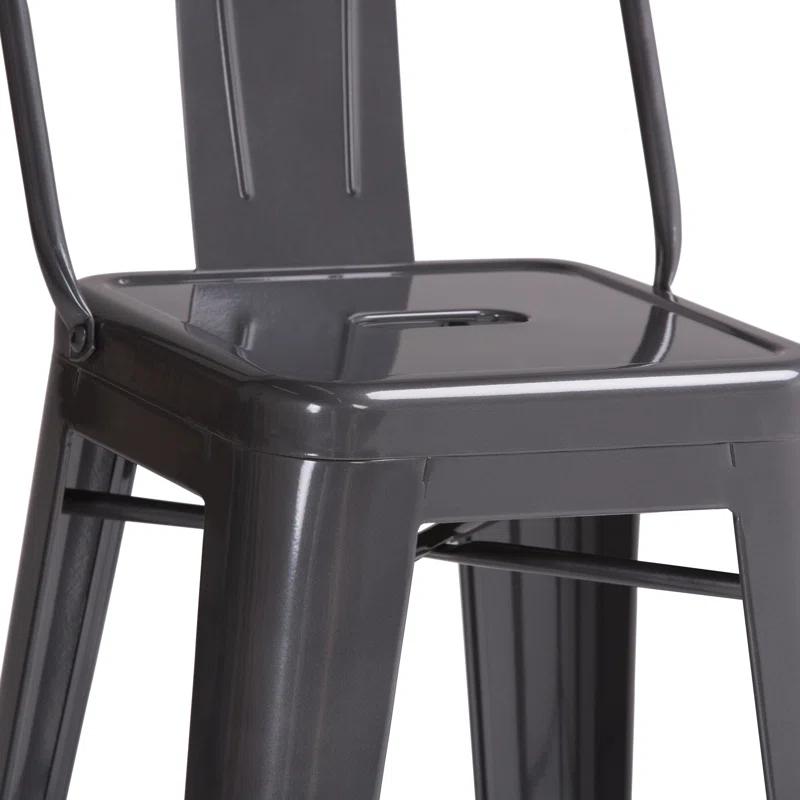 Simpli Home Rayne Metal Industrial Stool with Curved Back, Cross-Brace, and Footrest
