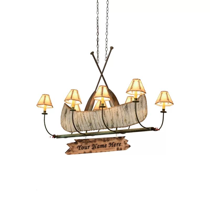 Rustic Birch Bark Canoe 8-Light Copper Chandelier with Faux Rawhide Shades