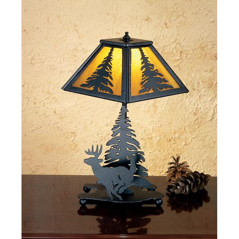 Leaping Deer 14" Black and Honey Stained Glass Accent Lamp