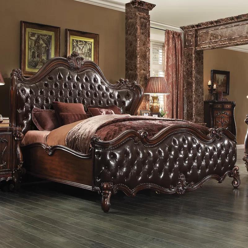 Regal Cherry Oak Queen Bed with Tufted Upholstered Headboard and Nailhead Trim