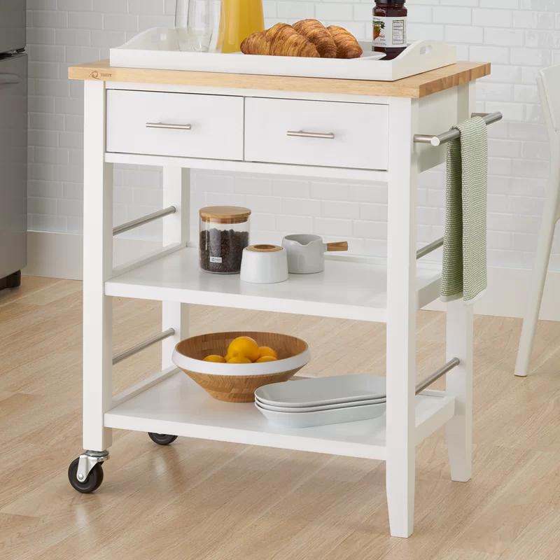 Modern Rectangular Rubberwood Kitchen Cart with Storage and Serving Tray