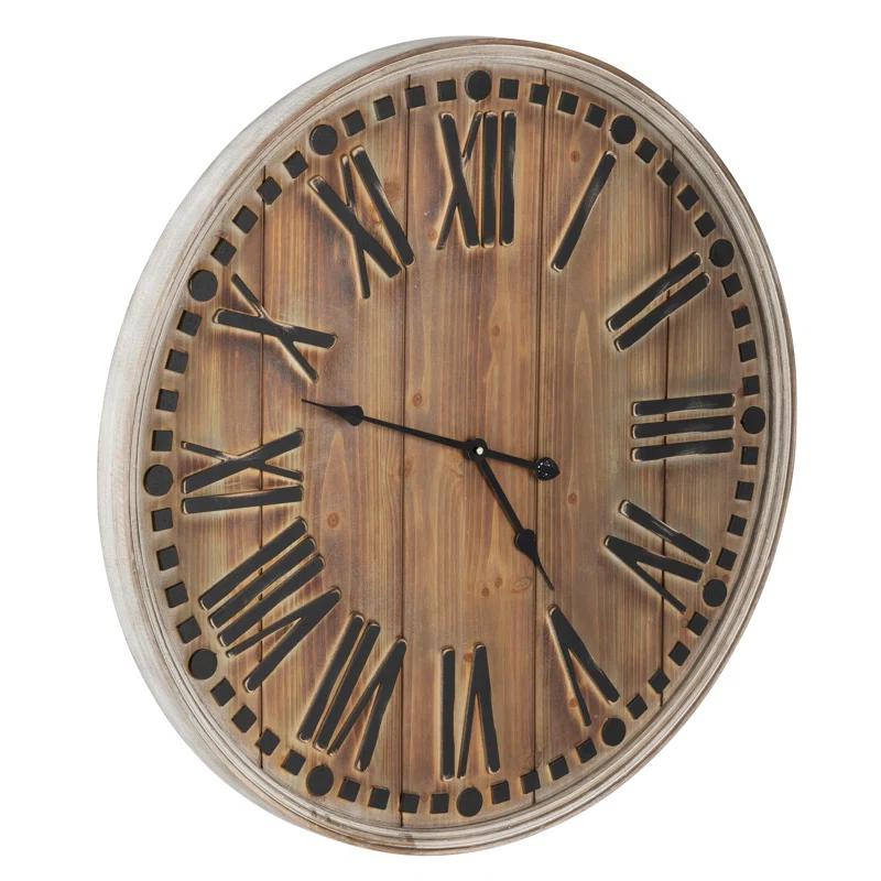 Vintage Firwood and MDF Oversized Wall Clock with Roman Numerals