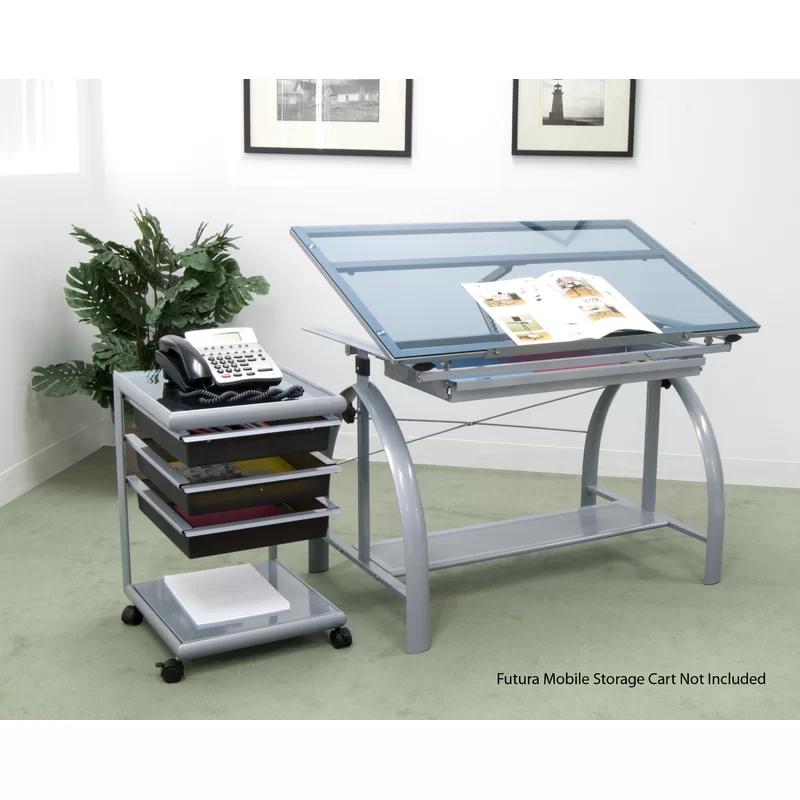 Avanta 42'' Silver Steel Drafting Table with Blue Glass Top