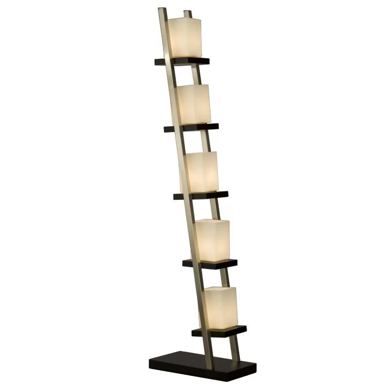 Escalier 5-Light Arc Floor Lamp in Espresso & Brushed Nickel with Off-White Glass Shades