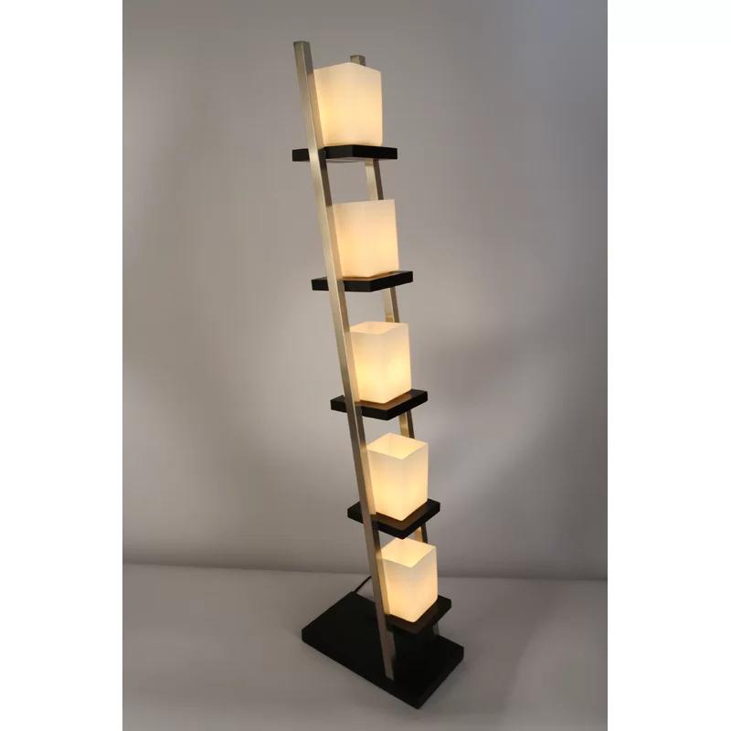 Escalier 5-Light Arc Floor Lamp in Espresso & Brushed Nickel with Off-White Glass Shades