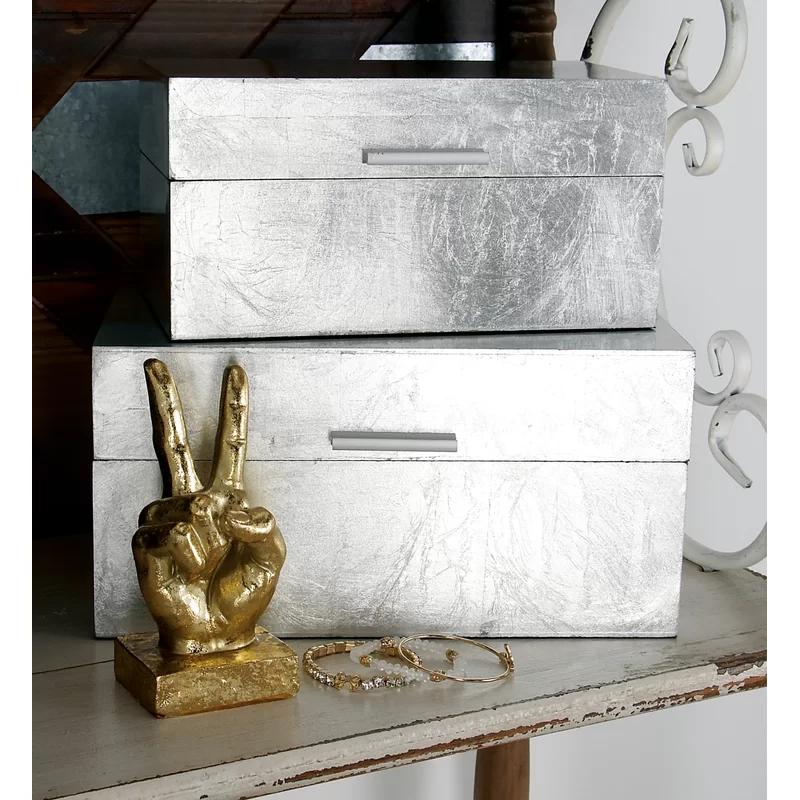 Elegant Silver Foiled Wood Decorative Lidded Box Set of 2
