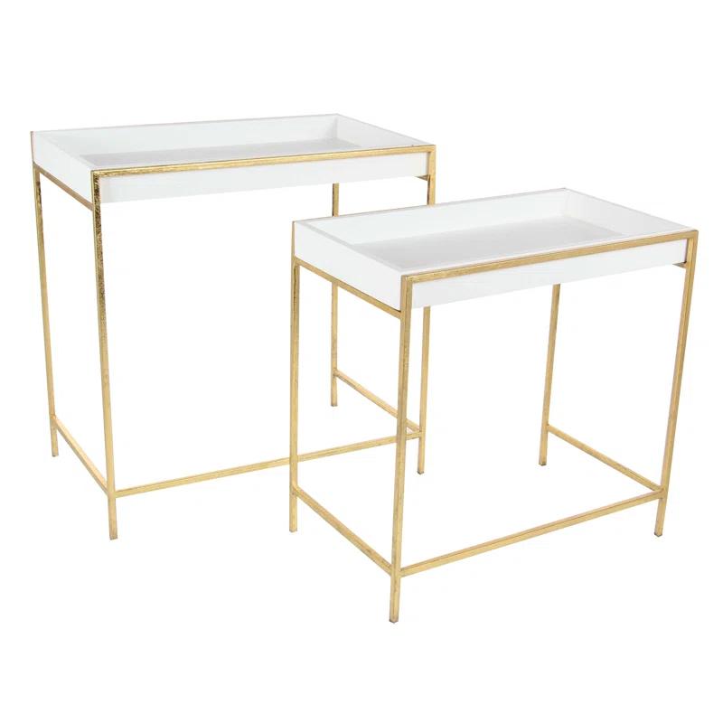 Mercer41 Blaine Wooden Nesting Tray Top Geometric Side End White Accent Table with Gold Metal Legs Set