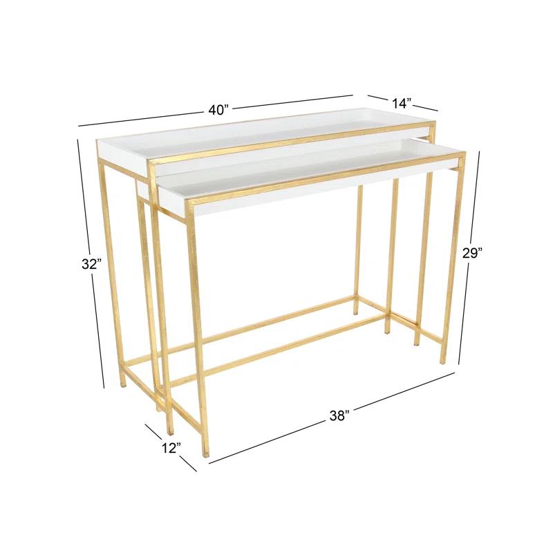 Mercer41 Blaine Wooden Nesting Tray Top Geometric Side End White Accent Table with Gold Metal Legs Set