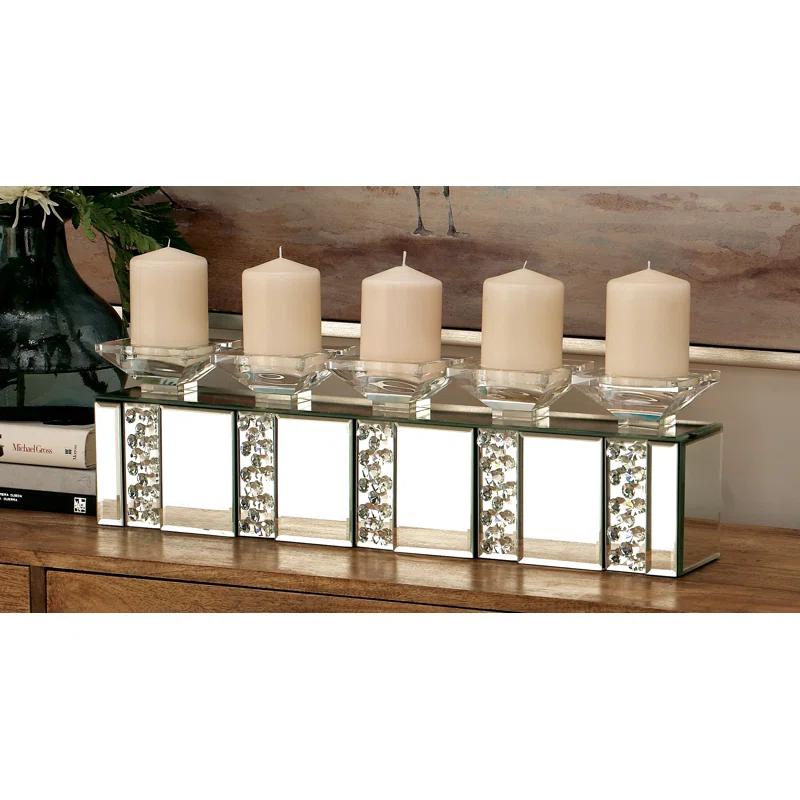 Mercer41 Glass Pillar 5 Plate Decorative Silver Candelabra with Mirrored Accents and Crystals