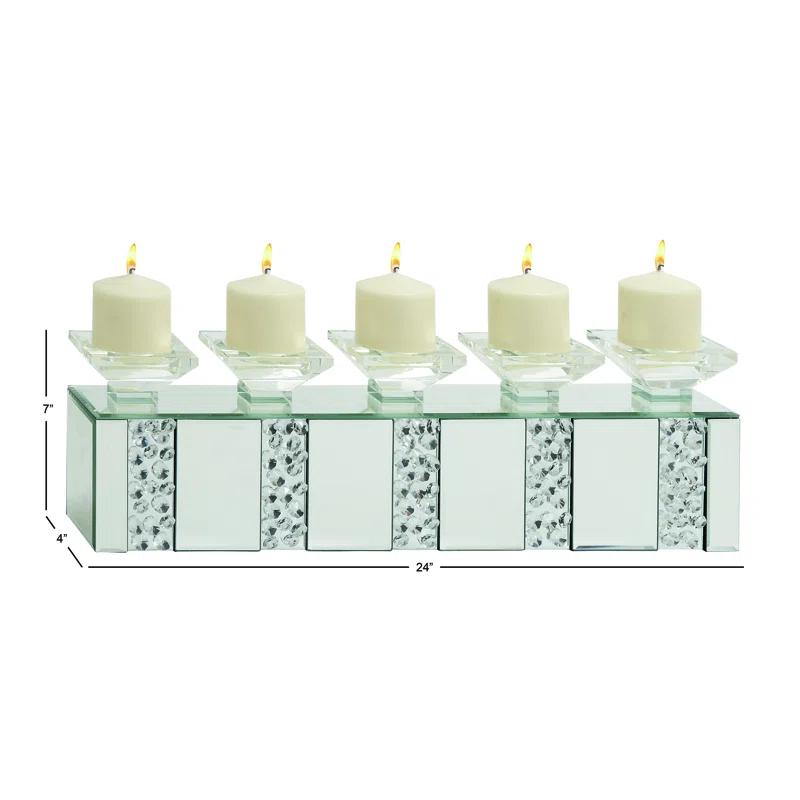 Mercer41 Glass Pillar 5 Plate Decorative Silver Candelabra with Mirrored Accents and Crystals
