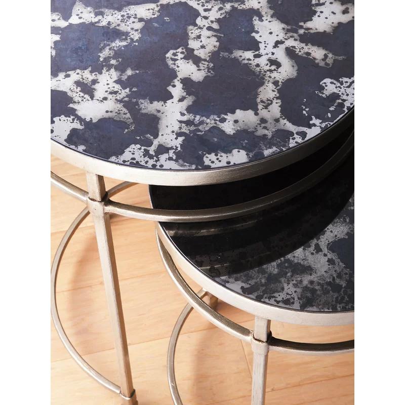 Champagne Foil Round Metal Nesting Tables with Mirrored Tops