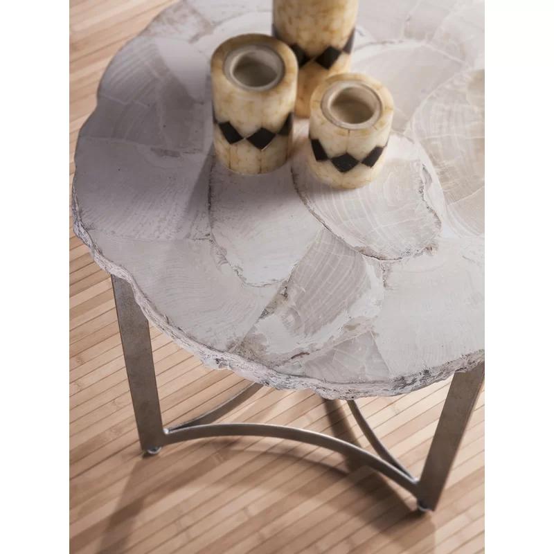 Transitional Tate Round Metal End Table with Fossilized Clam Top