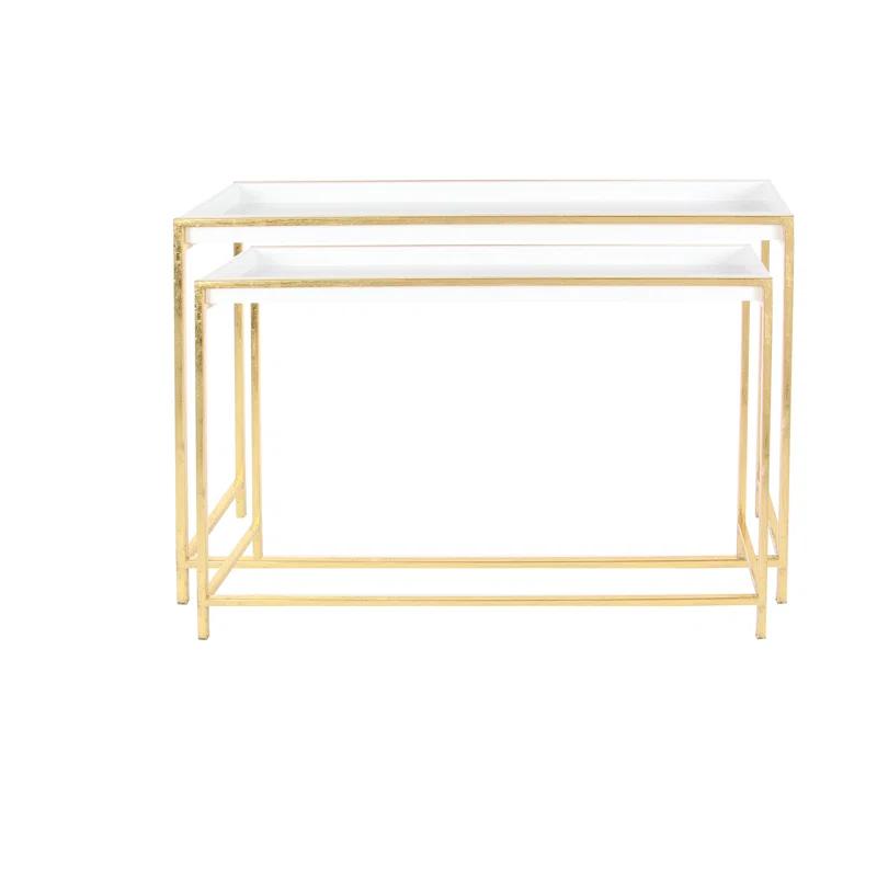 Mercer41 Blaine Wooden Nesting Tray Top Geometric Side End White Accent Table with Gold Metal Legs Set