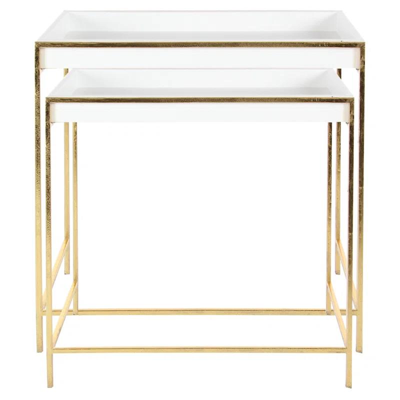 Mercer41 Blaine Wooden Nesting Tray Top Geometric Side End White Accent Table with Gold Metal Legs Set