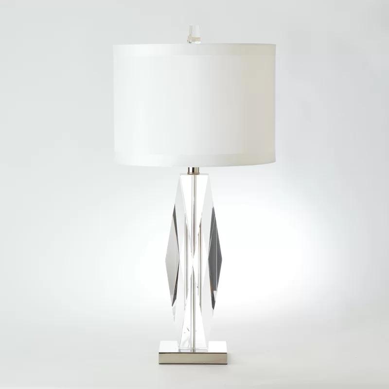 Elegant Nickel Finish Faceted Crystal 1-Light Lamp with White Silk Shade