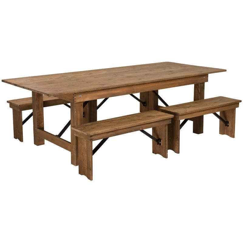 Antique Rustic Pine 8' Farm Table & Four Bench Set