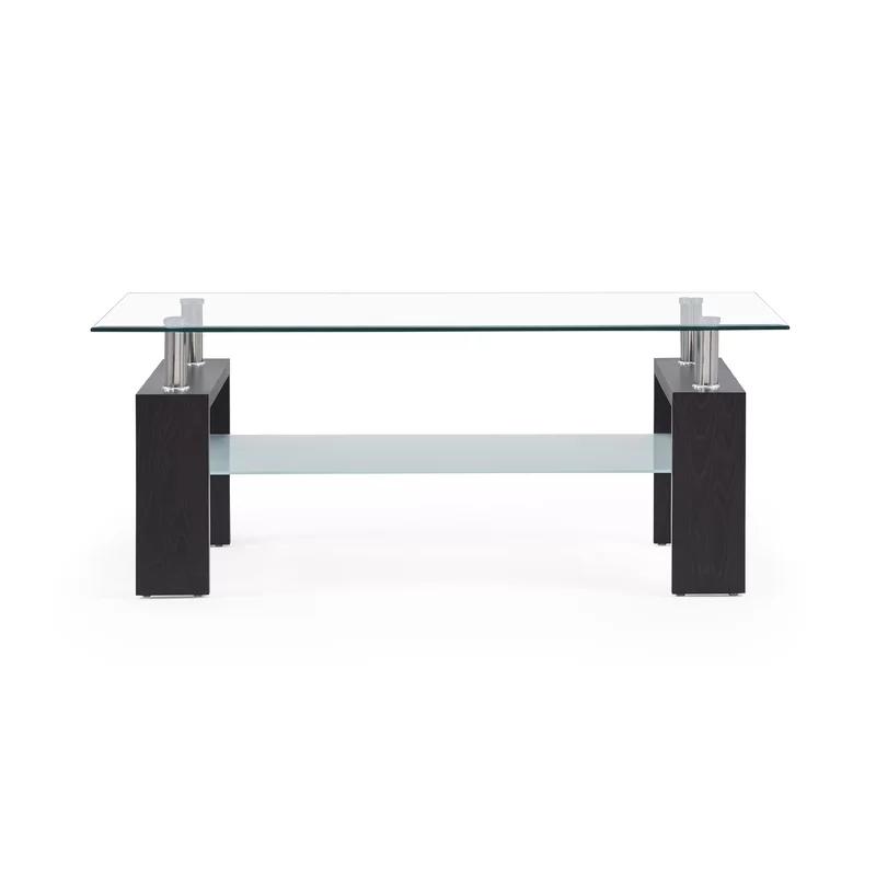 Modern Dark Walnut Rectangular Coffee Table with Glass Top and Storage