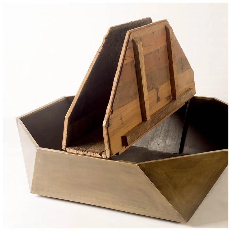 Esagono Rustic Hexagonal Wood & Brass Lift-Top Coffee Table with Storage