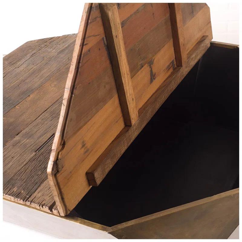 Esagono Rustic Hexagonal Wood & Brass Lift-Top Coffee Table with Storage