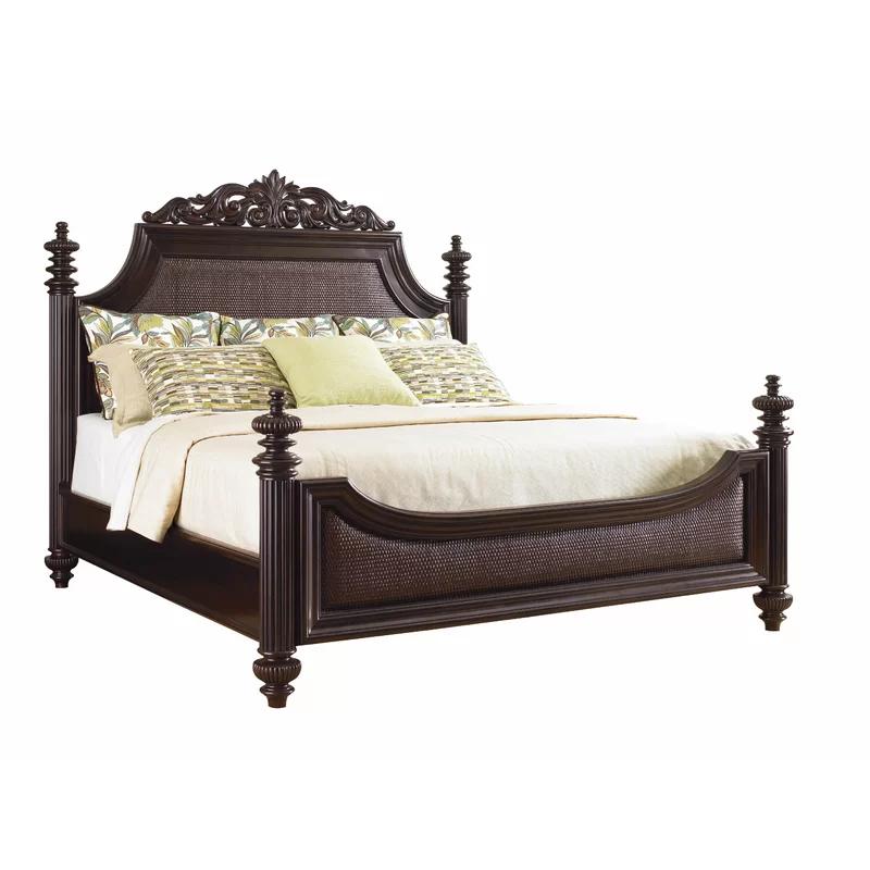 Kona Finish Mahogany Queen Bed with Upholstered Rattan Headboard