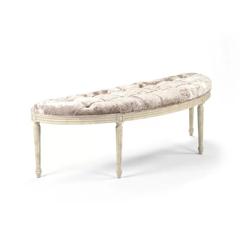 Champagne Velvet Demilune Bench with Distressed Cream Turned Legs