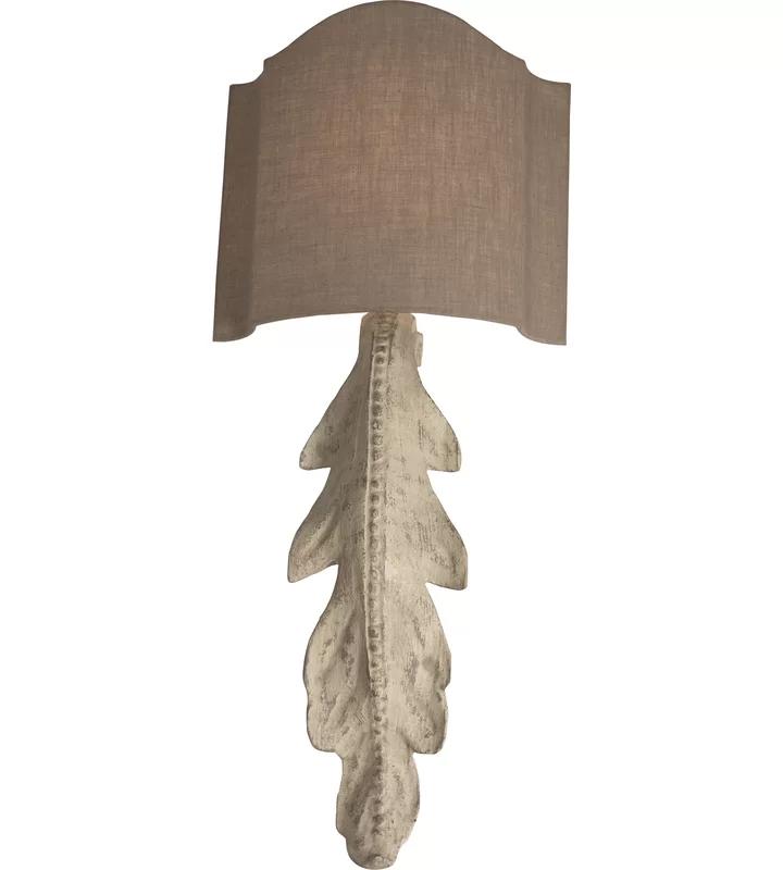 Weathered Ivory Wooden Leaf Motif Sconce with Taupe Linen Shade