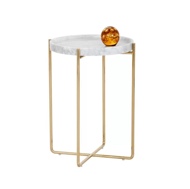 Contemporary Glam White Marble Round End Table with Gold Metal Base