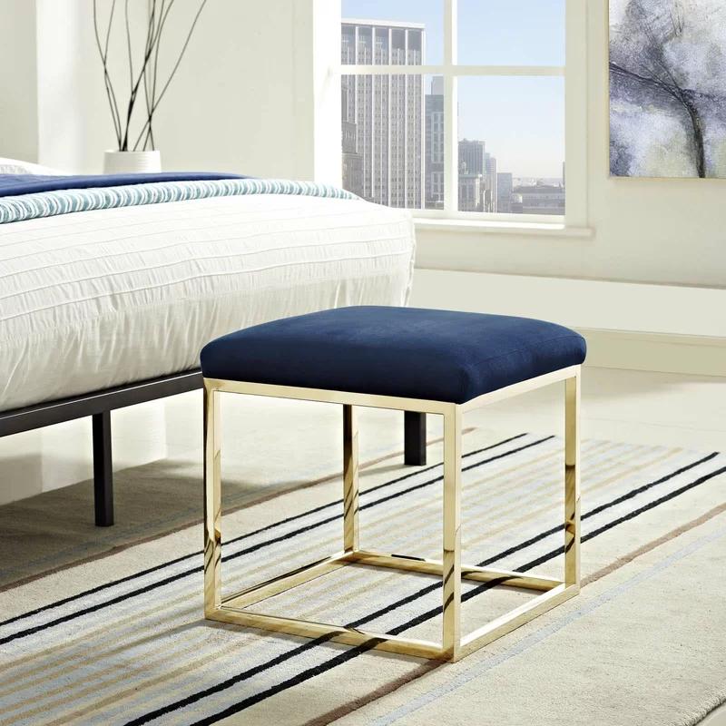 Sapphire Tufted Velvet Ottoman with Polished Stainless Steel Base