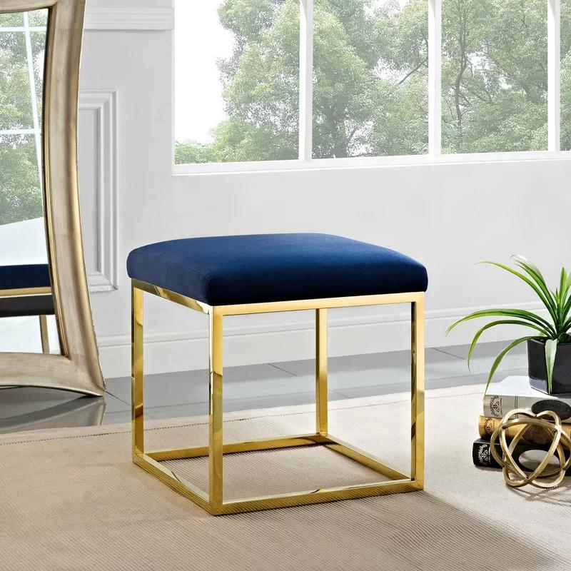 Sapphire Tufted Velvet Ottoman with Polished Stainless Steel Base