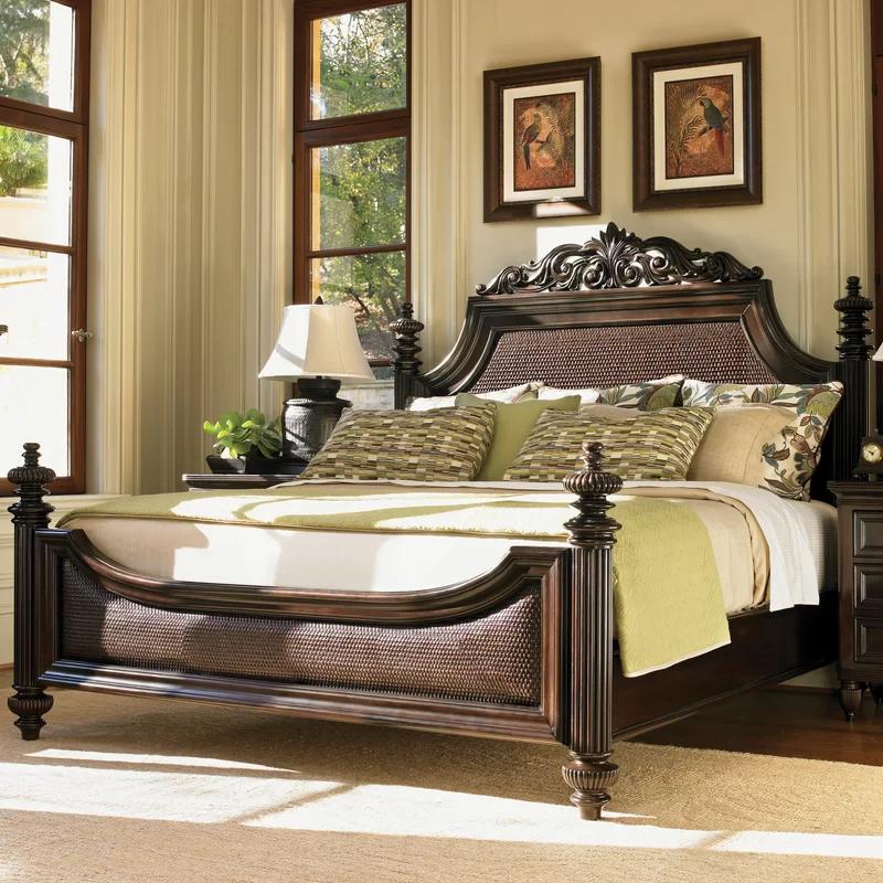 Kona Finish Mahogany Queen Bed with Upholstered Rattan Headboard