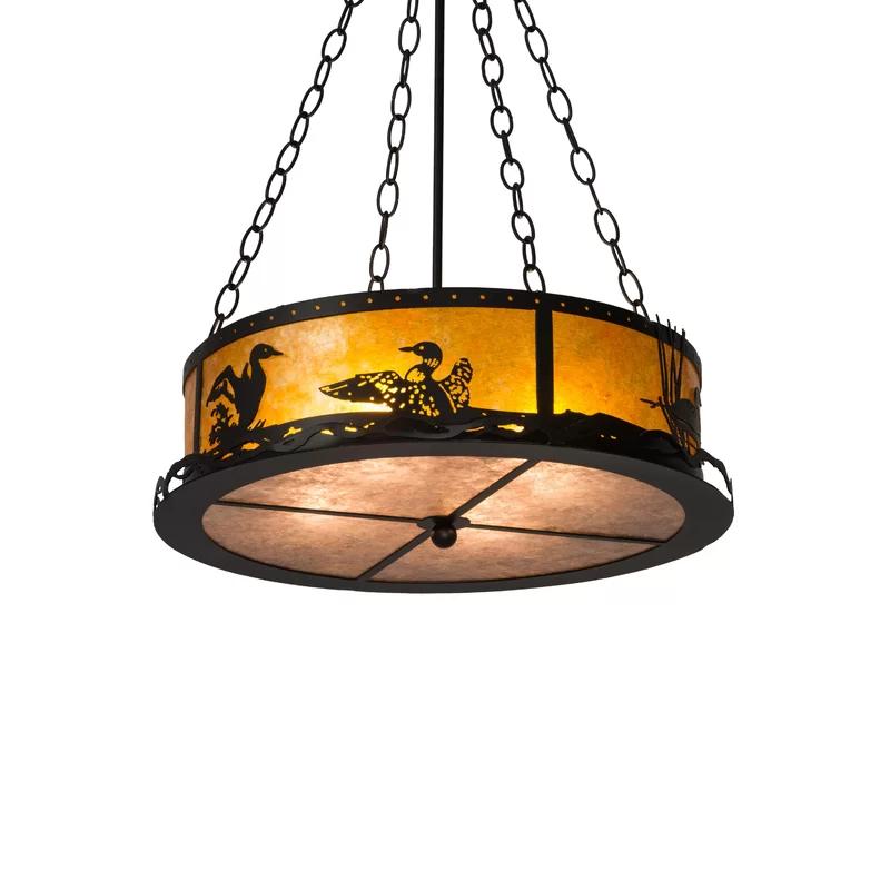 Amber Mica Black Drum Pendant Light with Wildlife Design