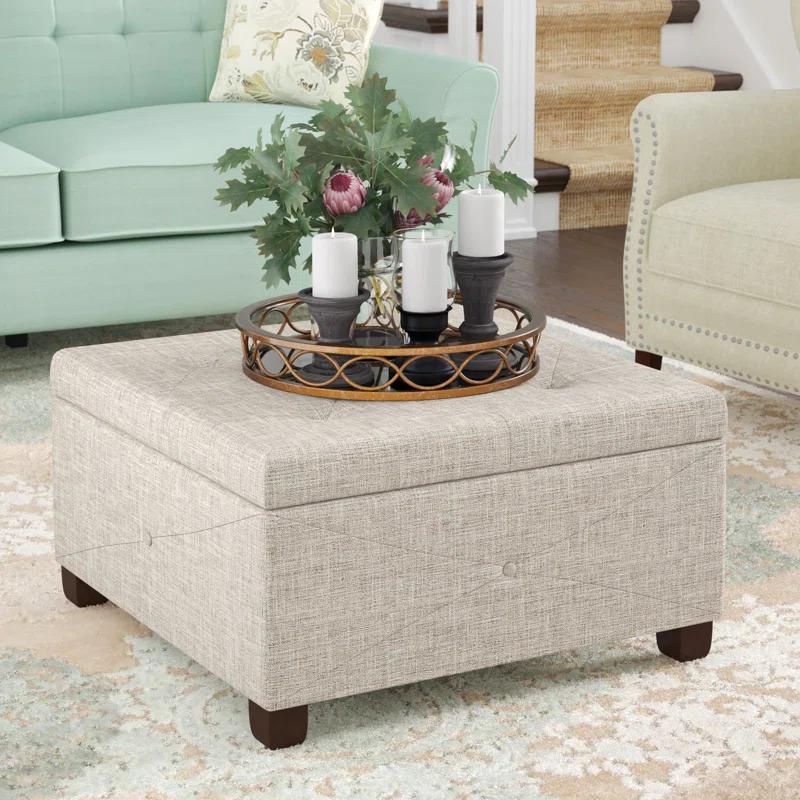 Beige Tufted Square Storage Ottoman with Graduated Legs